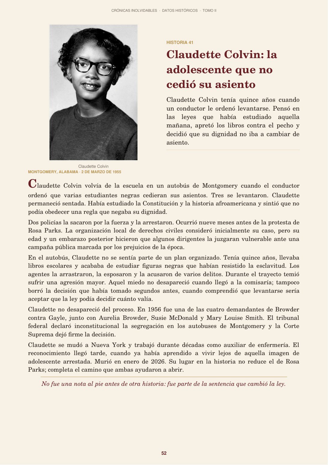 Página del libro dedicada a Claudette Colvin
