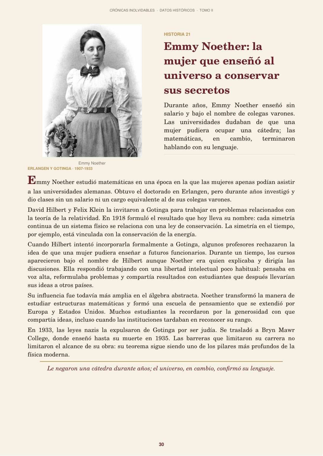 Página del libro dedicada a Emmy Noether
