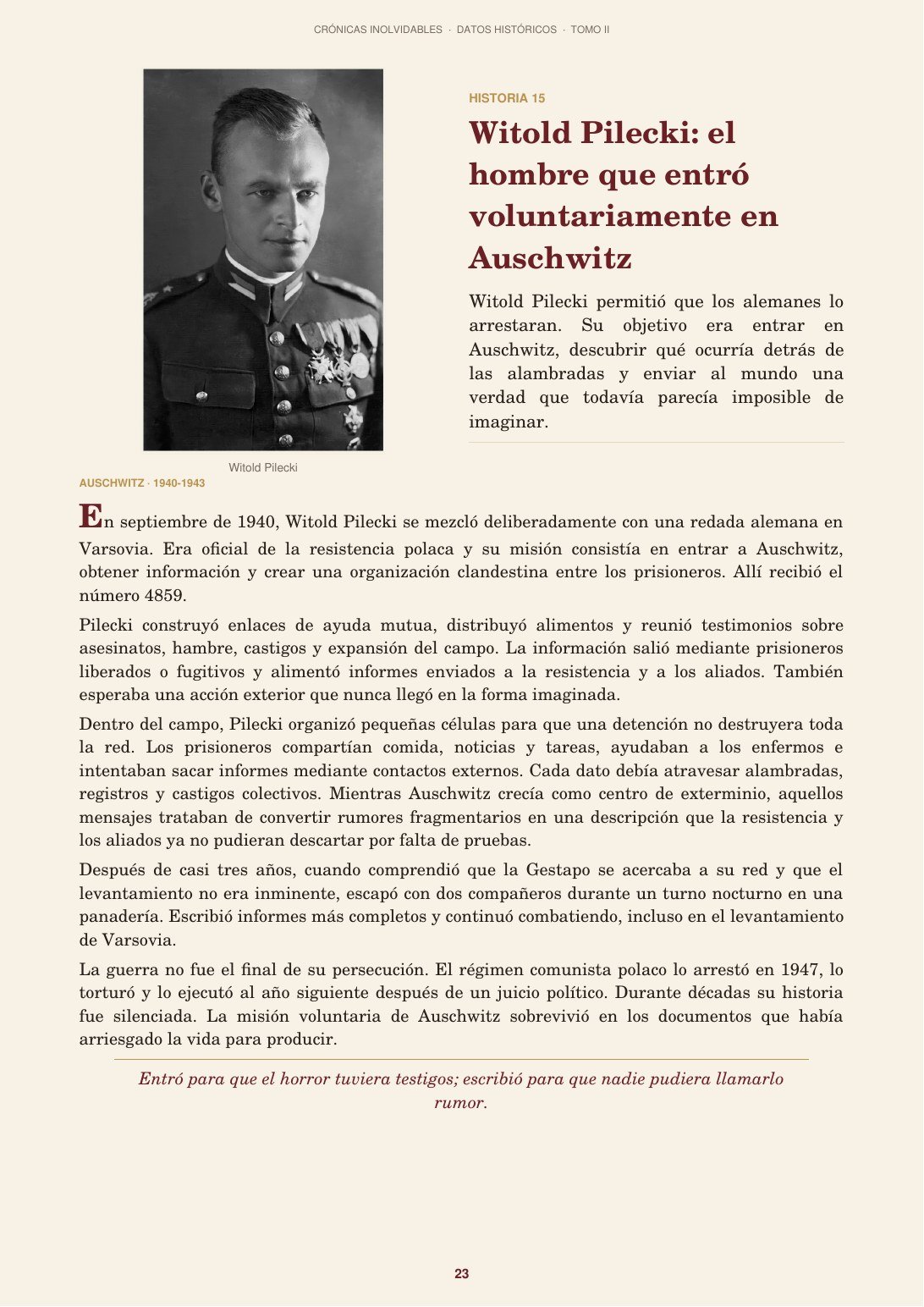 Página del libro dedicada a Witold Pilecki